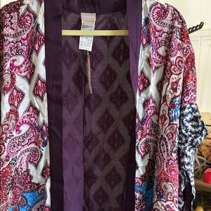 Chico’s ruana beautiful multi pattern purple lining. NWT Blue white purple.